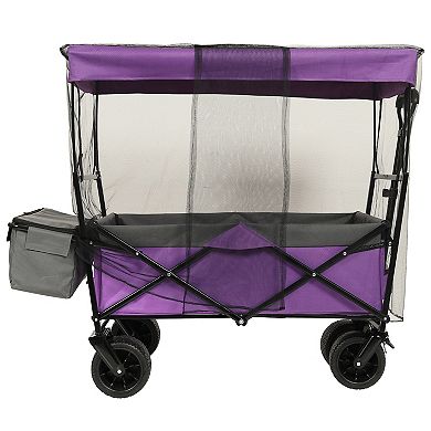 LOVMOR 480Lbs Collapsible Wagon with Canopy 7 Wheels Purple with Mosquito Net Camping