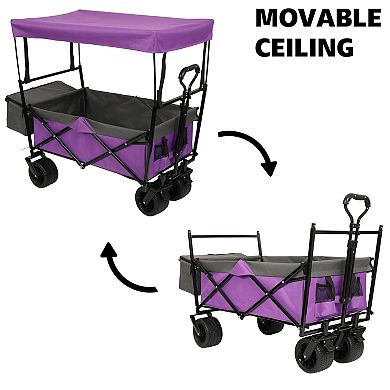LOVMOR 480Lbs Collapsible Wagon with Canopy 7 Wheels Purple with Mosquito Net Camping