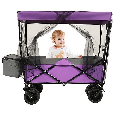 LOVMOR 480Lbs Collapsible Wagon with Canopy 7 Wheels Purple with Mosquito Net Camping