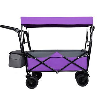 LOVMOR 480Lbs Collapsible Wagon with Canopy Push Handle 7 Wheels Purple Camping Shopping