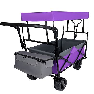 LOVMOR 480Lbs Collapsible Wagon with Canopy Push Handle 7 Wheels Purple Camping Shopping