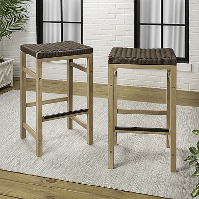 Armand Modern Coastal Backless Acacia Wood Outdoor Stool with Woven Rope Seat, (Set of 2)