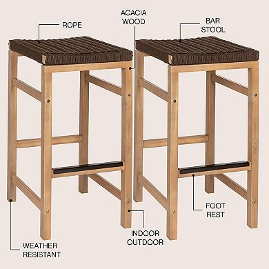 Armand Modern Coastal Backless Acacia Wood Outdoor Stool with Woven Rope Seat, (Set of 2)