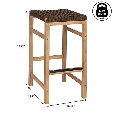 Armand Modern Coastal Backless Acacia Wood Outdoor Stool with Woven Rope Seat, (Set of 2)