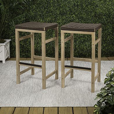 Armand Modern Coastal Backless Acacia Wood Outdoor Stool with Woven Rope Seat, (Set of 2)