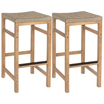 Armand Modern Coastal Backless Acacia Wood Outdoor Stool with Woven Rope Seat, (Set of 2)