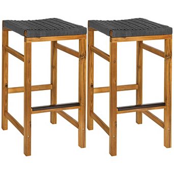 Armand Modern Coastal Backless Acacia Wood Outdoor Stool with Woven Rope Seat, (Set of 2)