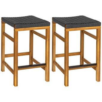 Bilor Coastal Backless Acacia Wood Indoor/Outdoor Bar Stools, Frame with Woven Rope Seat, Set of 2