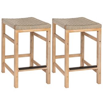 Armand Modern Coastal Backless Acacia Wood Outdoor Stool with Woven Rope Seat, (Set of 2)