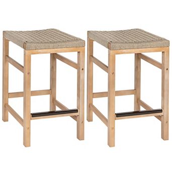 Armand Modern Coastal Backless Acacia Wood Outdoor Stool with Woven Rope Seat, (Set of 2)
