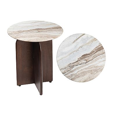 Naomi 18" Rustic Minimalist Marble/Wood X-Base Accent Table