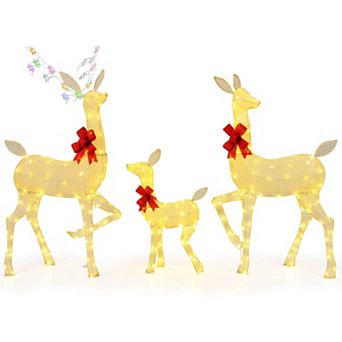 Costway 3 pc Lighted Family Deer Set with LED Lights RGB Flashing Lights 12 Ground Stakes