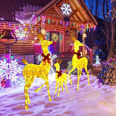 Costway 3 PCS Lighted Family Deer Set with LED Lights RGB Flashing Lights 12 Ground Stakes