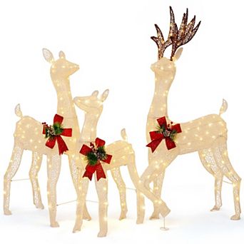 Costway 3 pc Pre-lit Christmas Reindeer Family 3D Lighted Glitter Deer Xmas Decoration