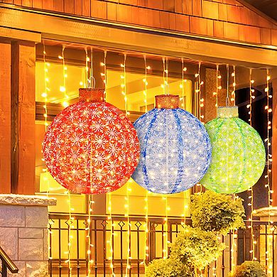 Costway 3 PCS Pre-Lit Pop up Christmas Ball Set with Warm White LED Lights Decoration