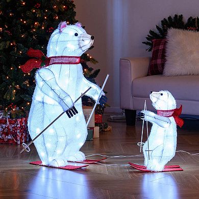 Costway 2 Pcs Animated Skiing Polar Bears with Skiing Motion & 160 Cold White LED Lights