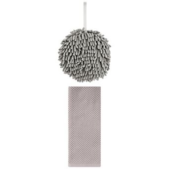 2 pc Soft Absorbent Fluffy Chenille Ball Hand Towels and Solid Waffle Hand Towels Set 6"x6"&13"x30"