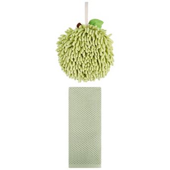 2 pc Soft Absorbent Fluffy Chenille Ball Hand Towels and Solid Waffle Hand Towels Set 6"x6"&13"x30"