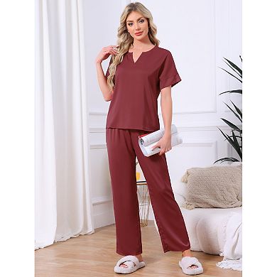 Women's Satin Pajamas Silky Short Sleeve V Neck Shirt with Long Pants Soft Loungewear Pjs Set