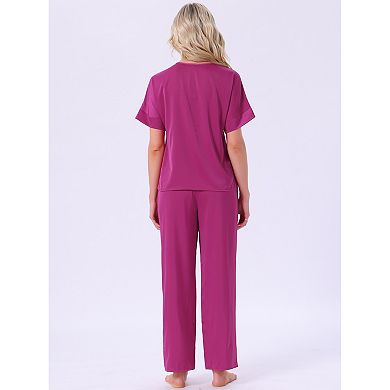 Women's Satin Pajamas Silky Short Sleeve V Neck Shirt with Long Pants Soft Loungewear Pjs Set