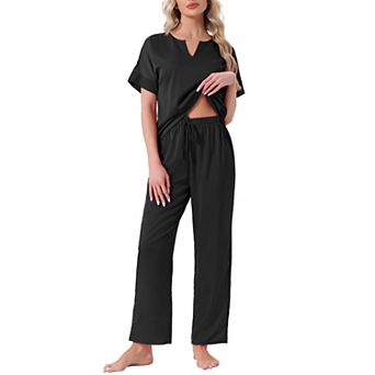Women's Satin Pajamas Silky Short Sleeve V Neck Shirt with Long Pants Soft Loungewear Pjs Set