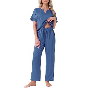 Women's Satin Pajamas Silky Short Sleeve V Neck Shirt with Long Pants Soft Loungewear Pjs Set