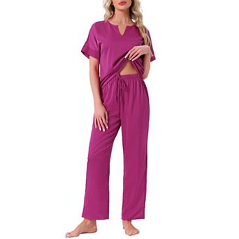 Women's Satin Pajamas Silky Short Sleeve V Neck Shirt with Long Pants Soft Loungewear Pjs Set