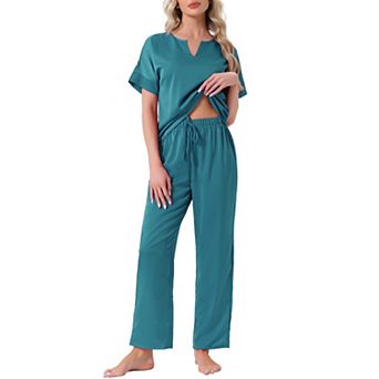 Women's Satin Pajamas Silky Short Sleeve V Neck Shirt with Long Pants Soft Loungewear Pjs Set