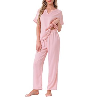 Women's Satin Pajamas Silky Short Sleeve V Neck Shirt with Long Pants Soft Loungewear Pjs Set