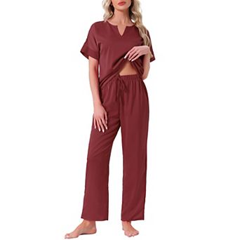 Women's Satin Pajamas Silky Short Sleeve V Neck Shirt with Long Pants Soft Loungewear Pjs Set