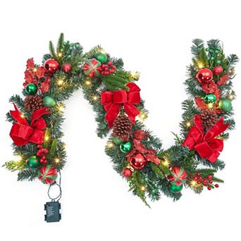6 Ft Christmas Garland for Mantle with 20 Lights, Red Green Balls, Pinecones, Bows, Berries