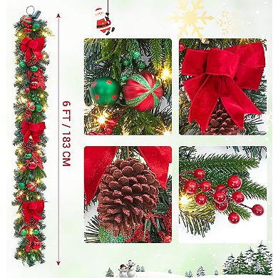 6 Ft Christmas Garland for Mantle with 20 Lights, Red Green Balls, Pinecones, Bows, Berries