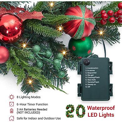 6 Ft Christmas Garland for Mantle with 20 Lights, Red Green Balls, Pinecones, Bows, Berries