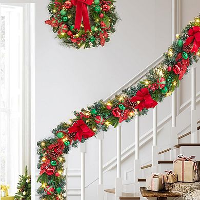 6 Ft Christmas Garland for Mantle with 20 Lights, Red Green Balls, Pinecones, Bows, Berries