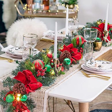 6 Ft Christmas Garland for Mantle with 20 Lights, Red Green Balls, Pinecones, Bows, Berries