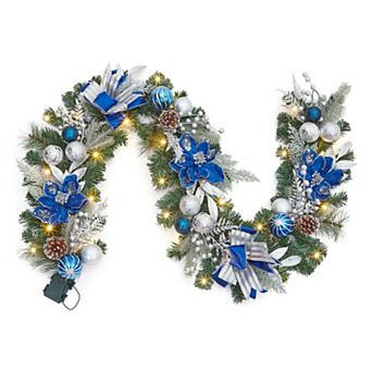 6ft Prelit Christmas Garland for Mantel with 20 LED Lights, Blue Silver Balls, 8 Lighting Modes