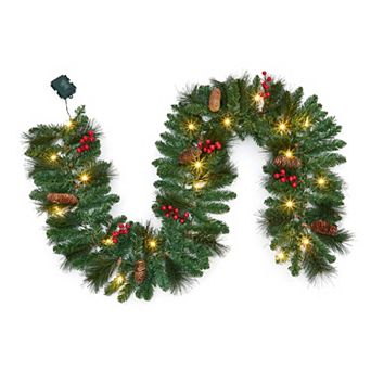 6Ft Pre-Lit Artificial Christmas Garland with Pine Cones, Berries, 8 Modes 20 LED Lights