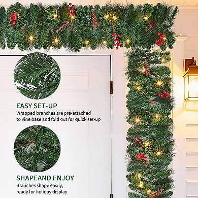 6Ft Pre-Lit Artificial Christmas Garland with Pine Cones, Berries, 8 Modes 20 LED Lights