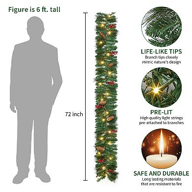 6Ft Pre-Lit Artificial Christmas Garland with Pine Cones, Berries, 8 Modes 20 LED Lights