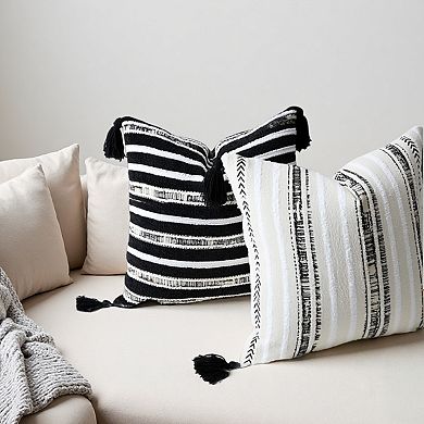 AAW Chenille Striped Jacquard Throw Pillow Cover with Tassels Set of 2