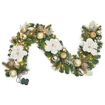 6ft Prelit Christmas Garland with 20 LED Lights, Gold Balls, White Magnolia Flower