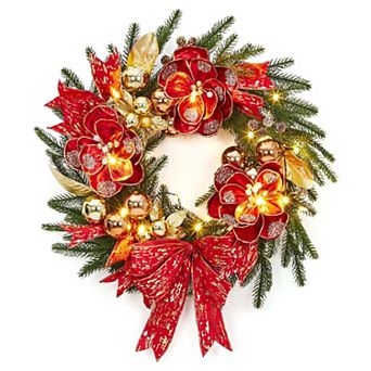 24 Inch Pre-Lit Christmas Wreath with 20 LED Lights, Red Gold Bow & Flowers