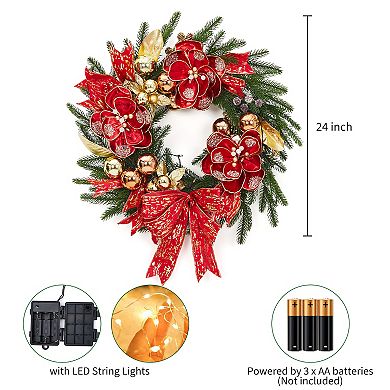 24 Inch Pre-Lit Christmas Wreath with 20 LED Lights, Red Gold Bow & Flowers