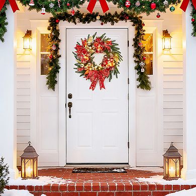 24 Inch Pre-Lit Christmas Wreath with 20 LED Lights, Red Gold Bow & Flowers