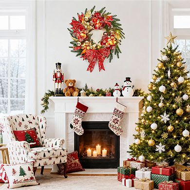 24 Inch Pre-Lit Christmas Wreath with 20 LED Lights, Red Gold Bow & Flowers