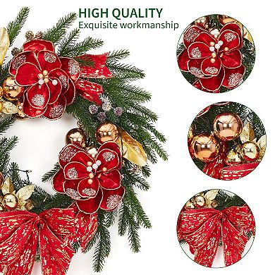 24 Inch Pre-Lit Christmas Wreath with 20 LED Lights, Red Gold Bow & Flowers