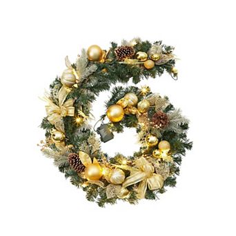 6FT Pre-Lit Artificial Christmas Garland with 20 Lights, Gold Balls, Bows, Pine Cones, Leaves