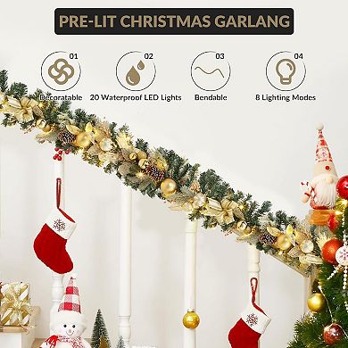 6FT Pre-Lit Artificial Christmas Garland with 20 Lights, Gold Balls, Bows, Pine Cones, Leaves