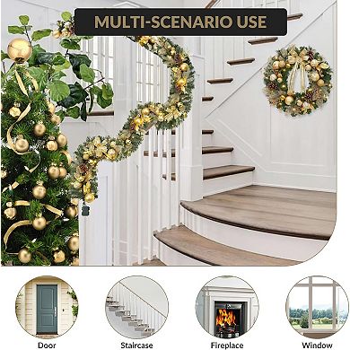 6FT Pre-Lit Artificial Christmas Garland with 20 Lights, Gold Balls, Bows, Pine Cones, Leaves