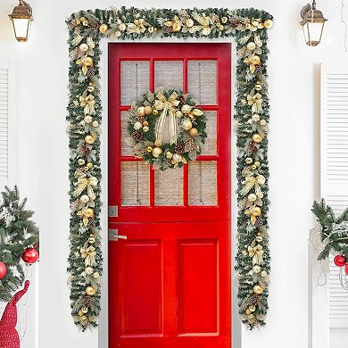6FT Pre-Lit Artificial Christmas Garland with 20 Lights, Gold Balls, Bows, Pine Cones, Leaves